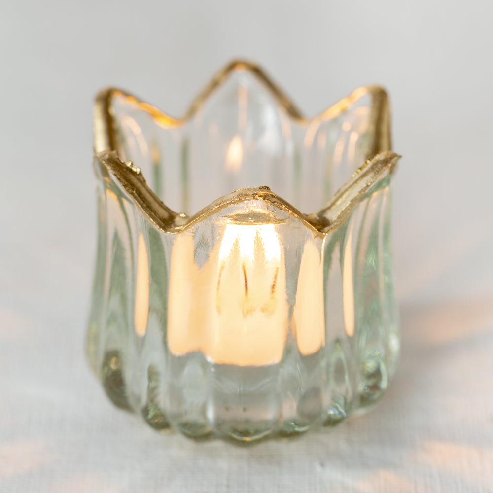 Decorative Glass T-Light Holder with Gold Trim