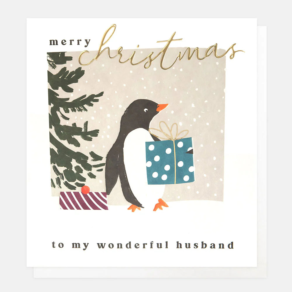 Penguin With Presents Christmas Card For Husband
