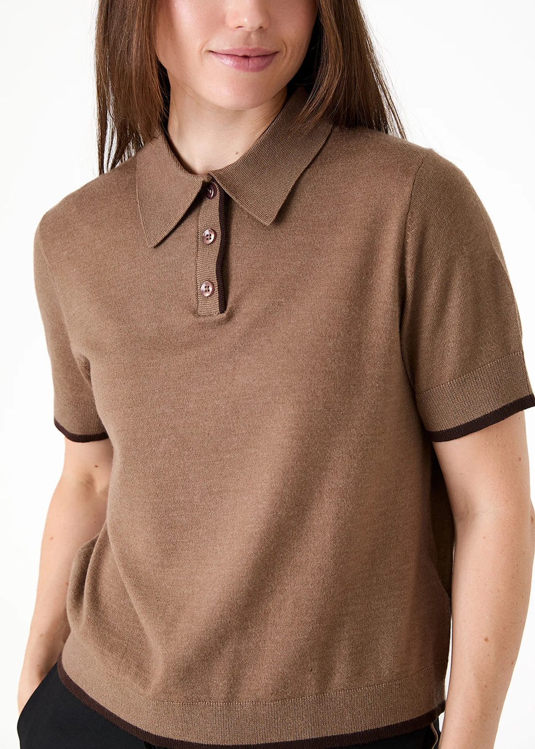Cashmere Like Short Sleeve Knitted Polo Shirt with coordinating colour trim