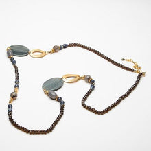 Load image into Gallery viewer, Long crystal bead necklace with resin discs
