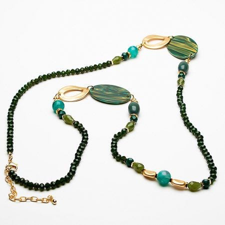 Long crystal bead necklace with resin discs