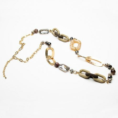 Resin, metal & crystal beaded long necklace