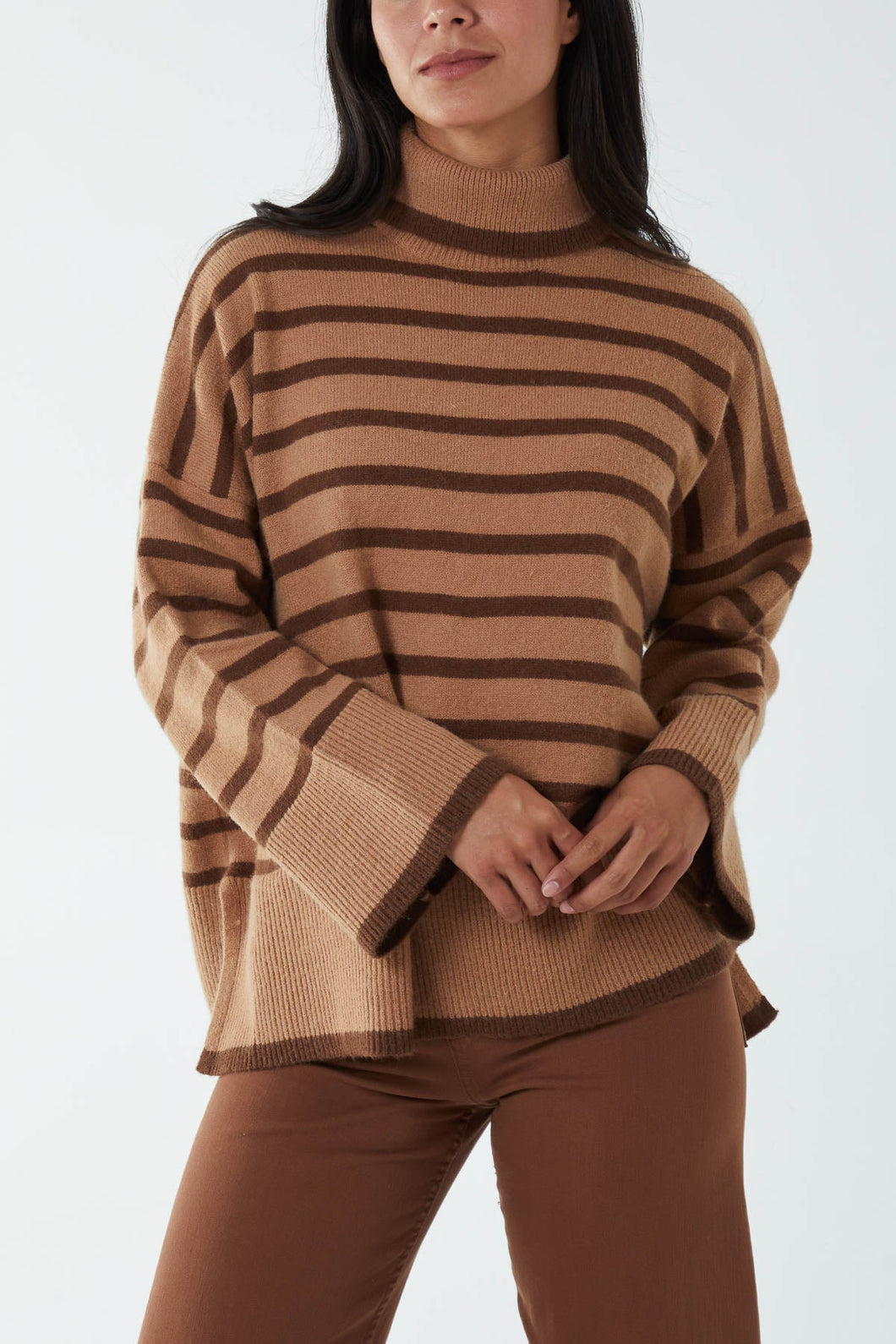 High Neck Stripe Wide Sleeve Jumper