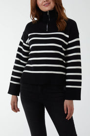 1/4 Zip High Neck Sailor Striped Jumper