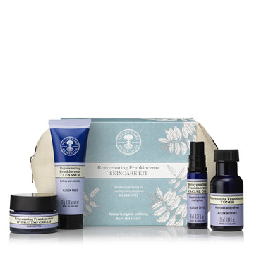Skincare kit in an organic cotton pouch with  travel size products. 