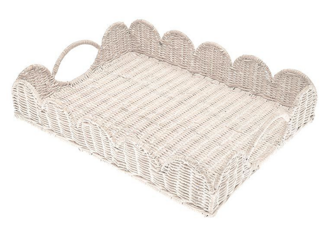 Rattan scalloped tray white