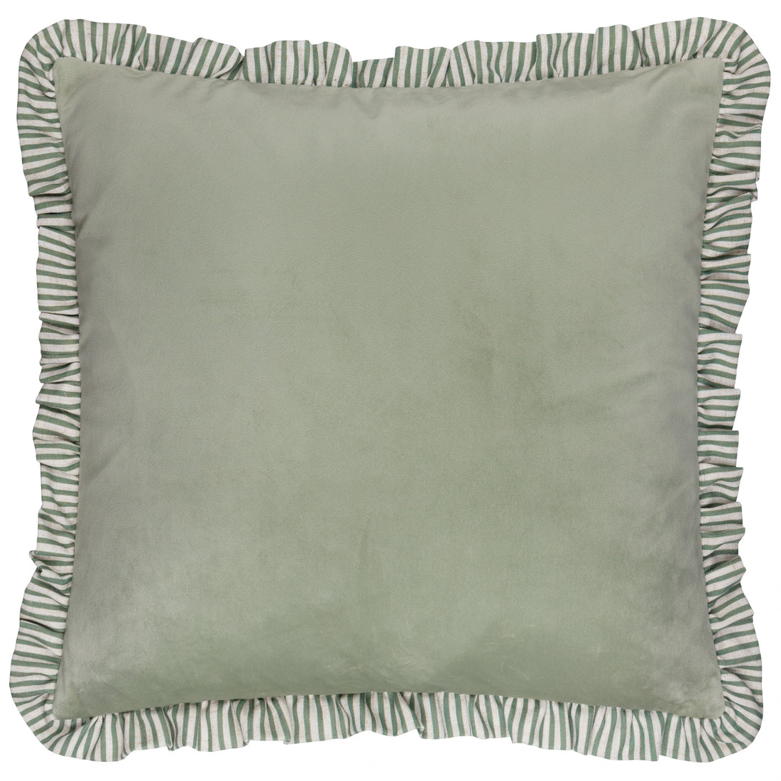 Green pillow with striped trim on a white background