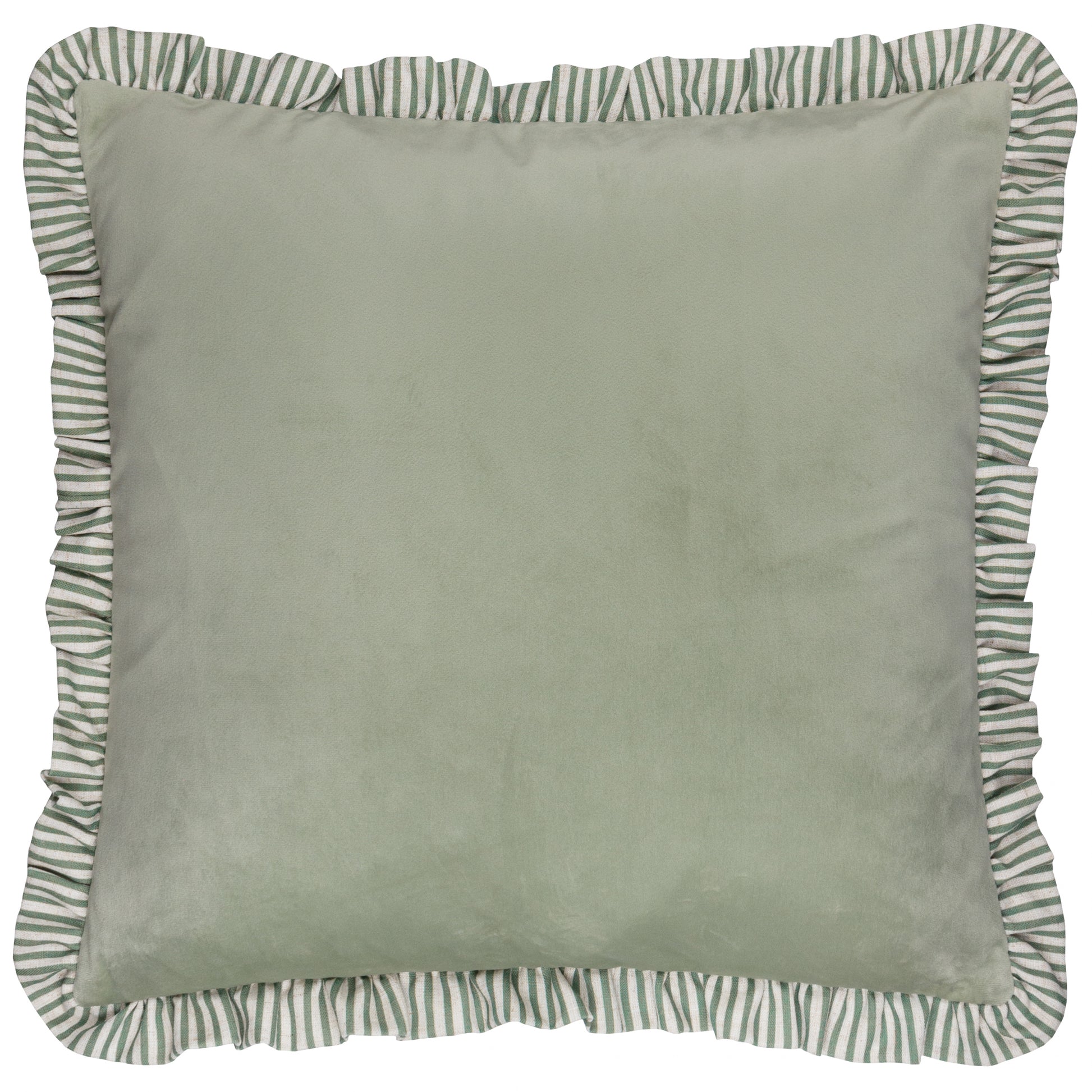 Green pillow with striped trim on a white background