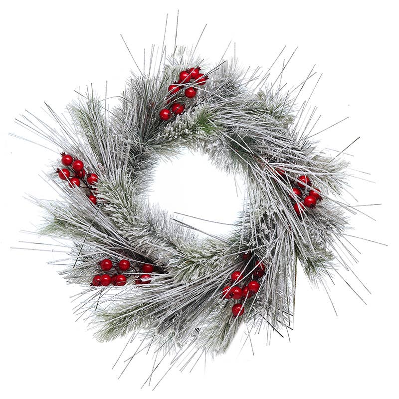 GREY-GREEN FROSTY WREATH & RED BERRIES