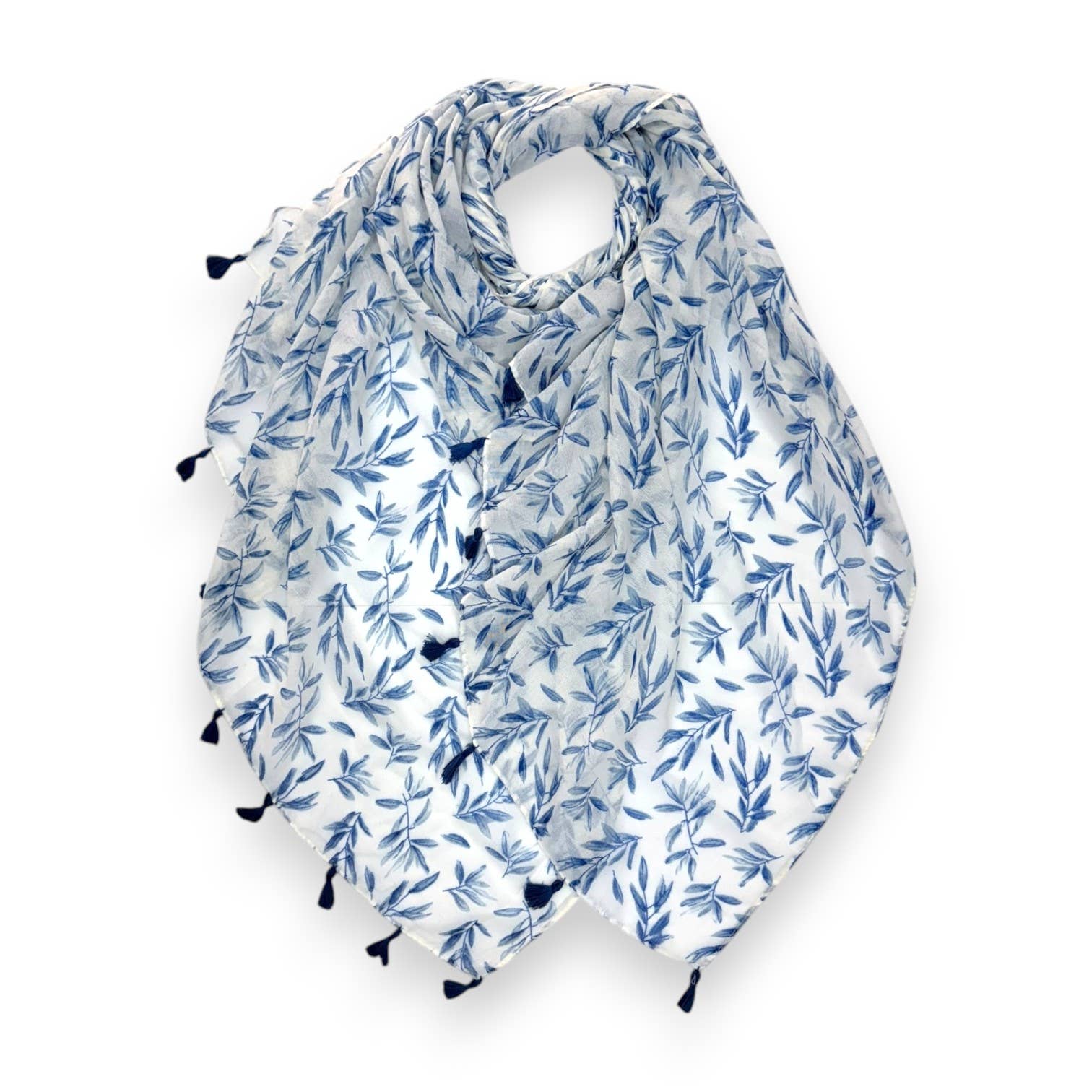 Blue Leaf Print Scarf with Tassels