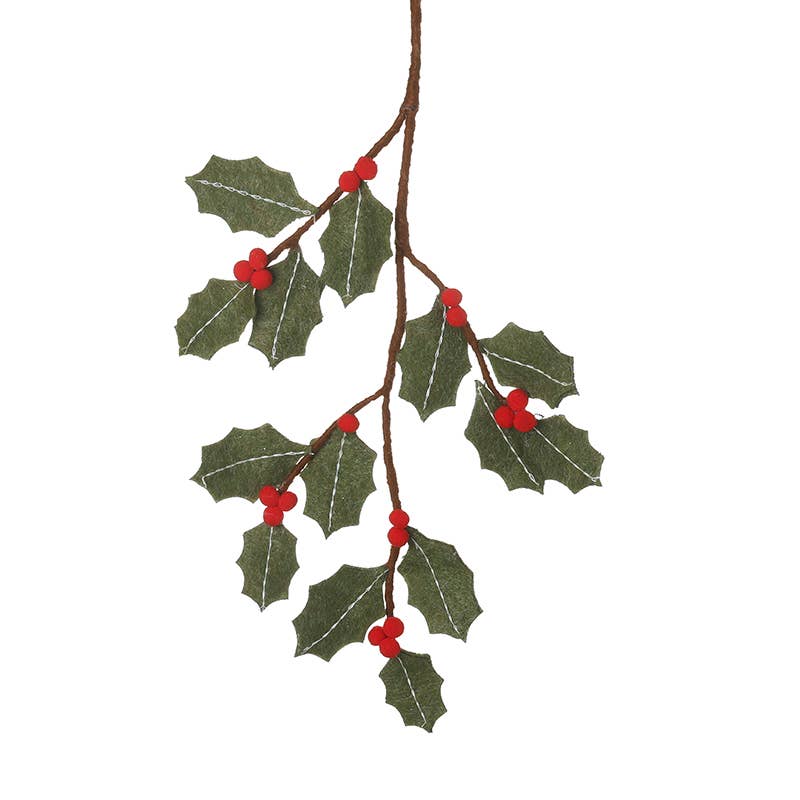 GREEN FELT HOLLY LEAVES & BERRIES BRANCH