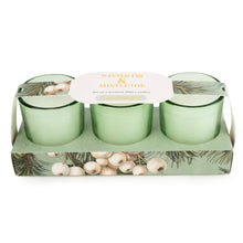 Load image into Gallery viewer, Set of 3 Votive Candles - Winter Fir &amp; Mistletoe 6pk
