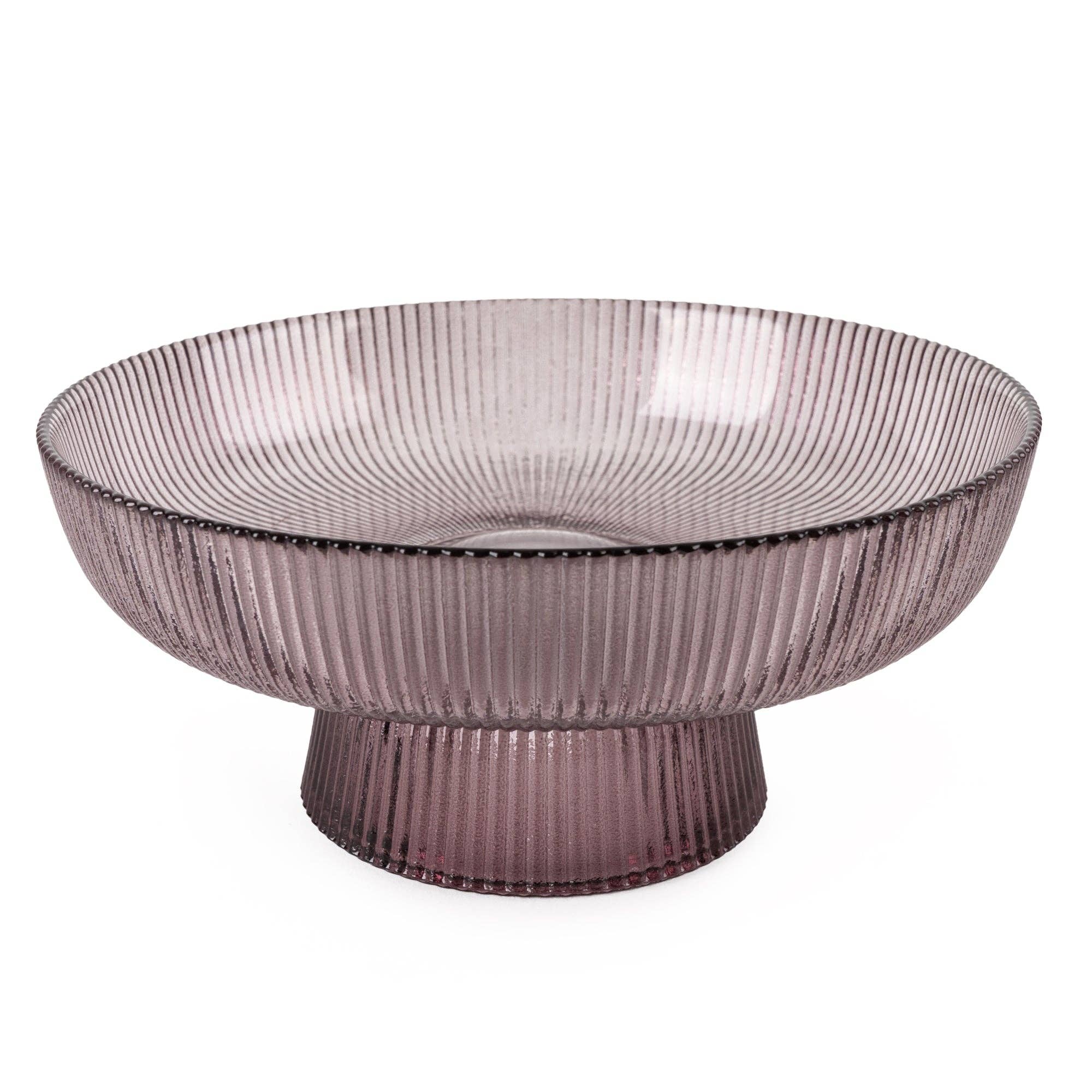 20cm Ridged Glass Pedestal Bowl - Plum