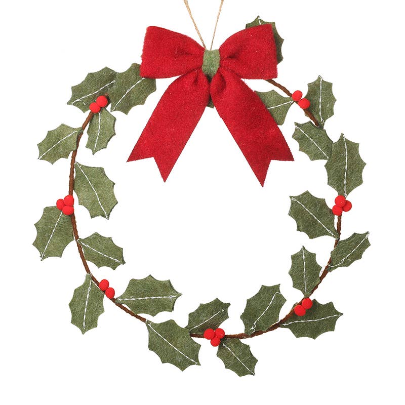 GREEN FELT HOLLY WREATH WITH BOW