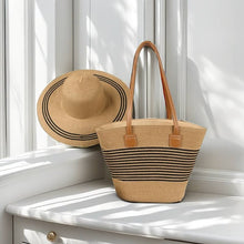 Load image into Gallery viewer, Medium Size Striped Paper Straw Basket Bag+ Hat Set-CLS-4
