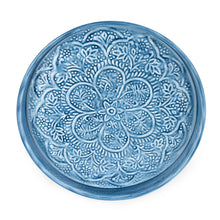 Load image into Gallery viewer, Round Metal Embossed Enamel Tray - Blue - 32cm
