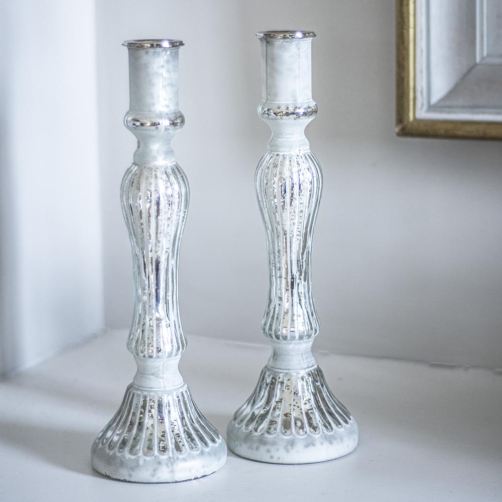 Glass Candlestick Antique Silver/white