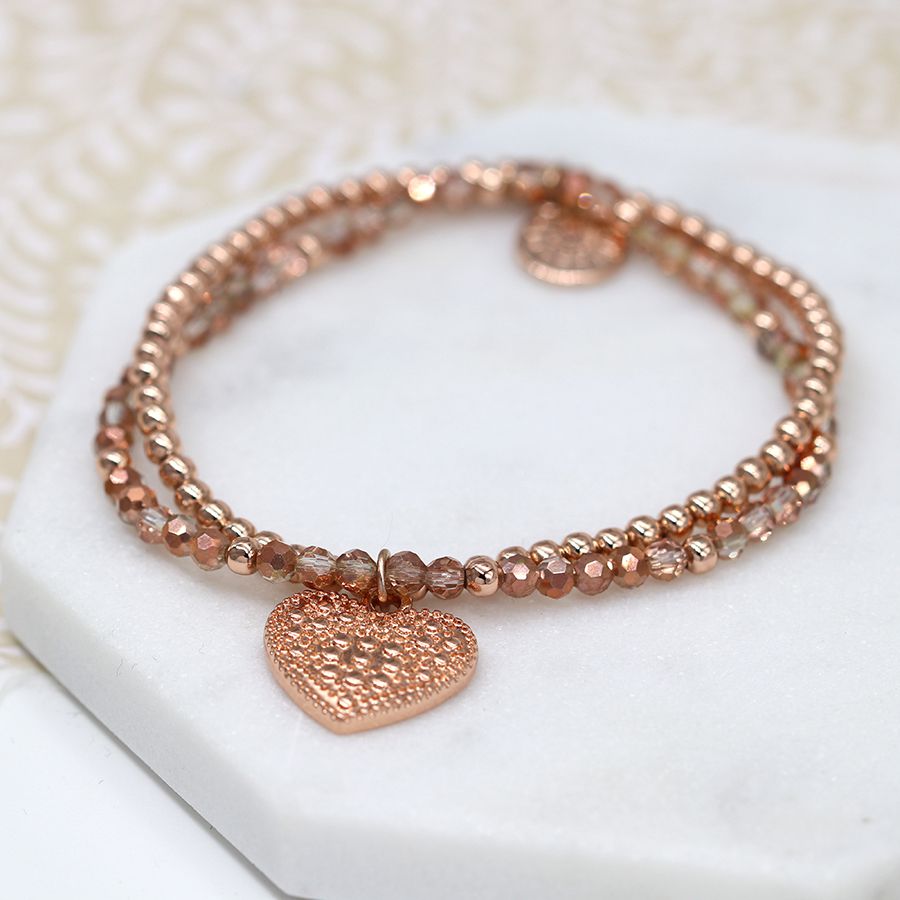 Rose gold and crystal bead bracelet with textured heart charm