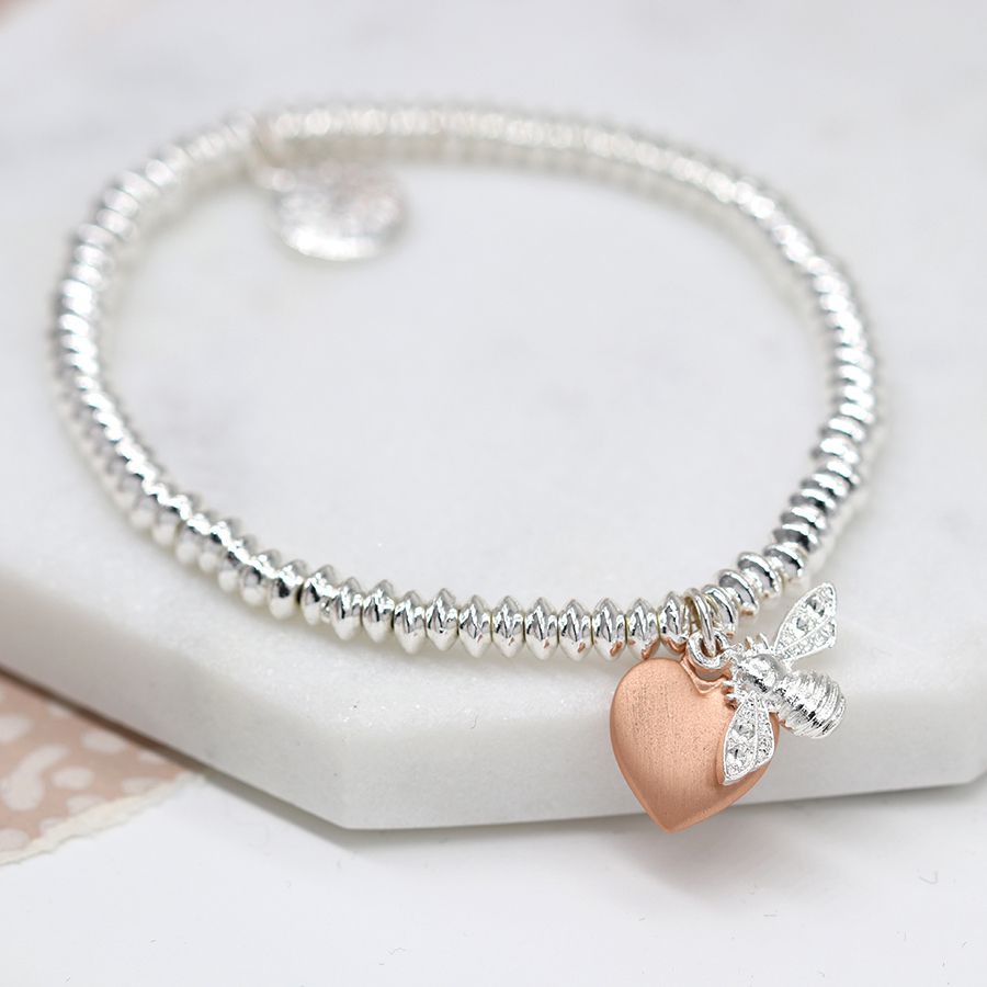 Silver plated fine bead bracelet with rose gold heart and bee