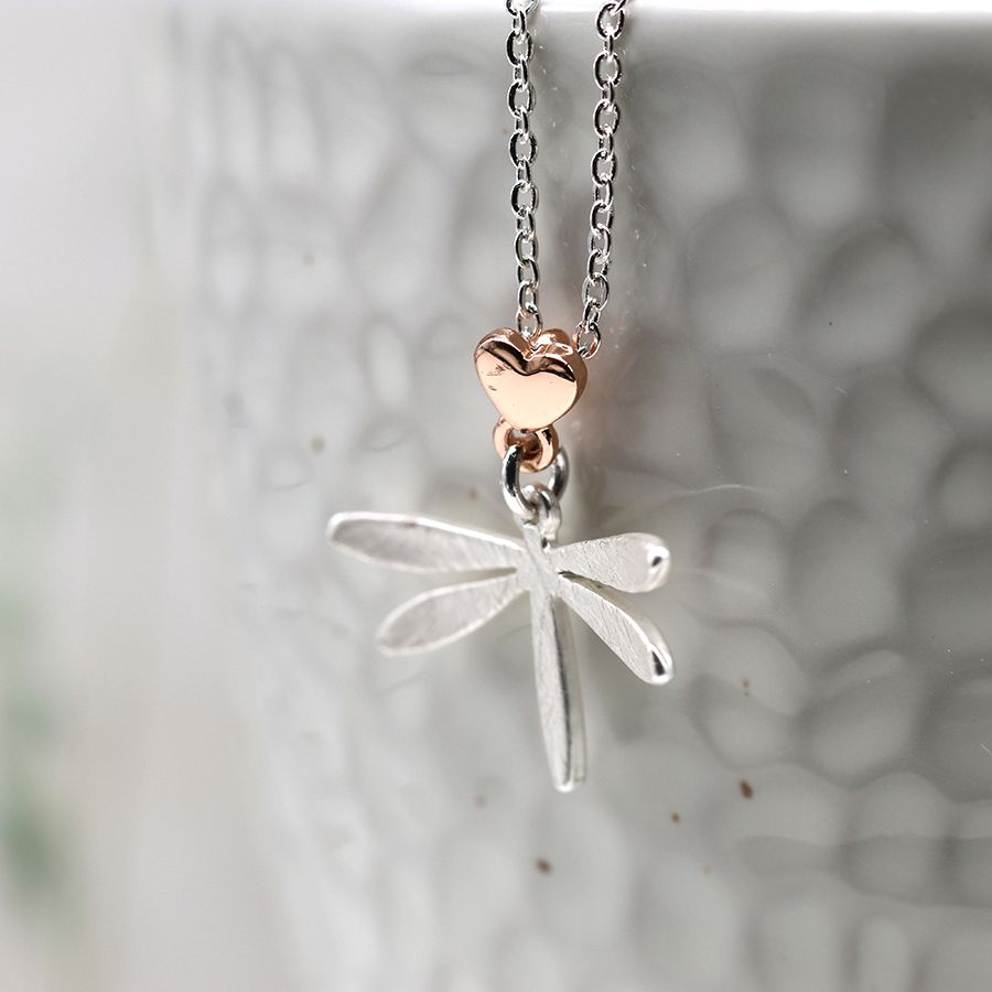Silver plated dragonfly necklace with heart