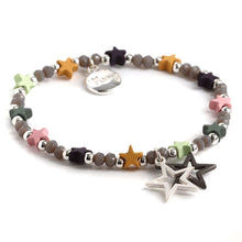 Load image into Gallery viewer, Grey mix and star bead bracelet with double star charms
