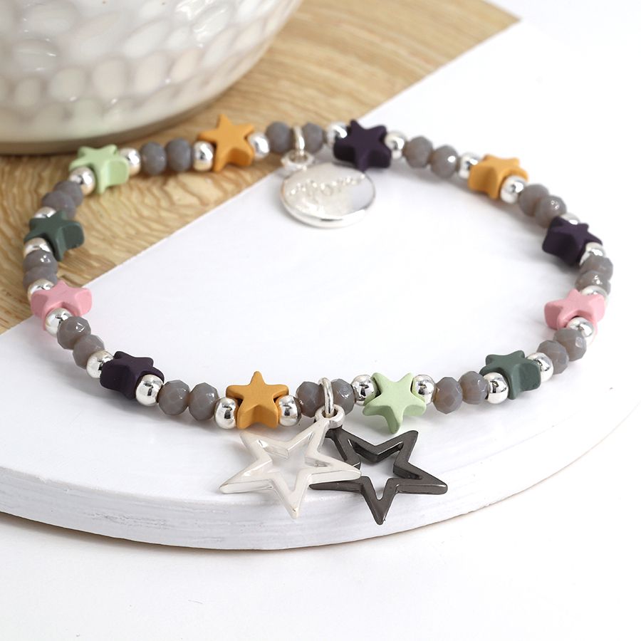 Grey mix and star bead bracelet with double star charms