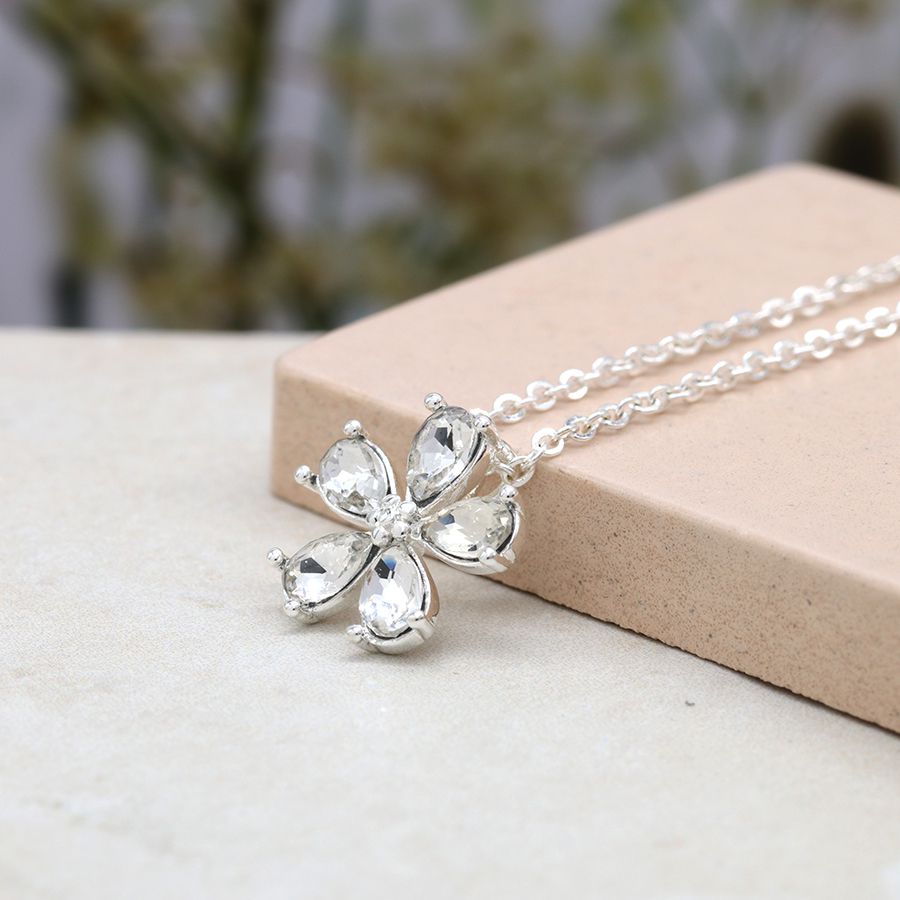 Silver plated crystal flower necklace