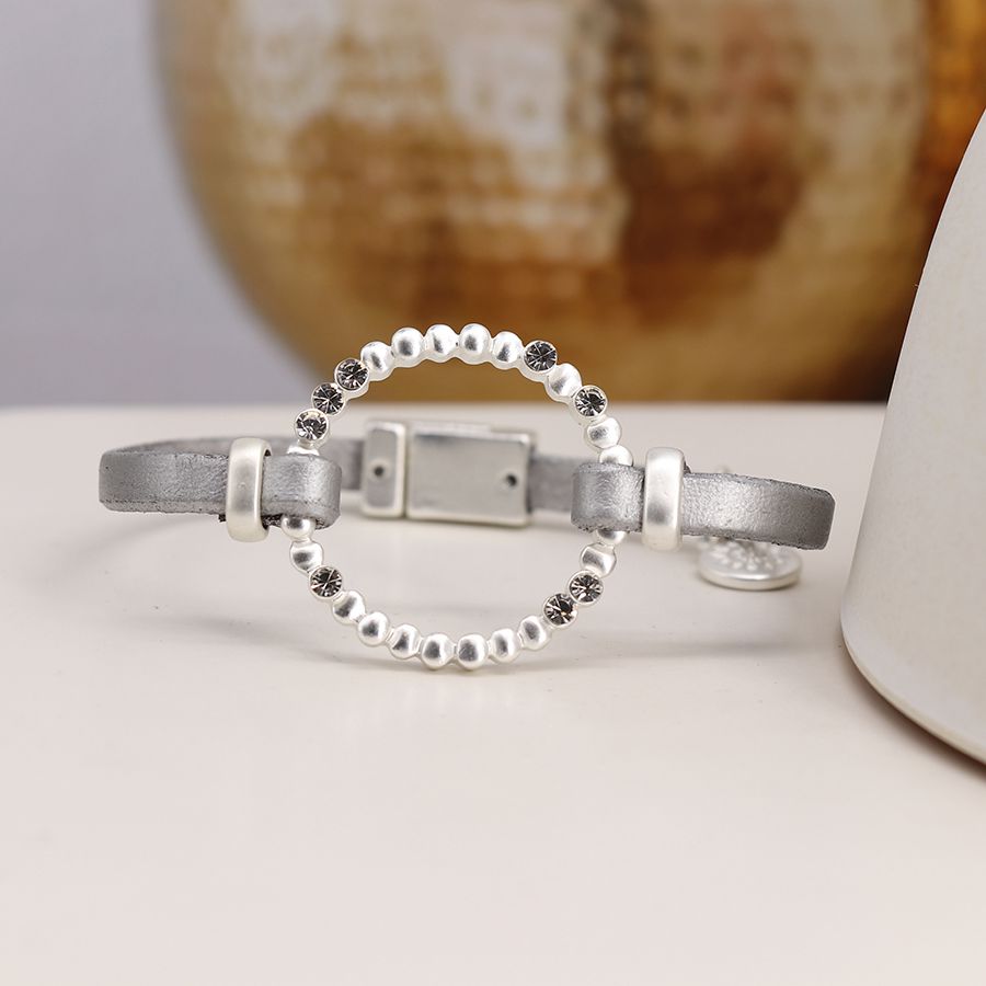 Silver plated matt finish double stud circle crystals bracelet