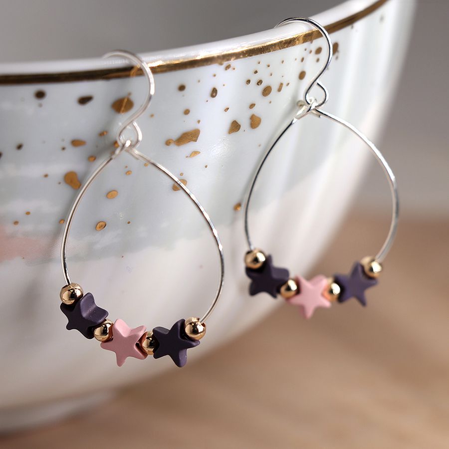 Wire teardrop earrings with pink and purple stars