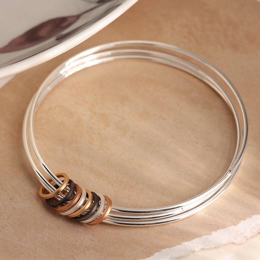 Silver plated triple bangle set with mixed metallic hoops