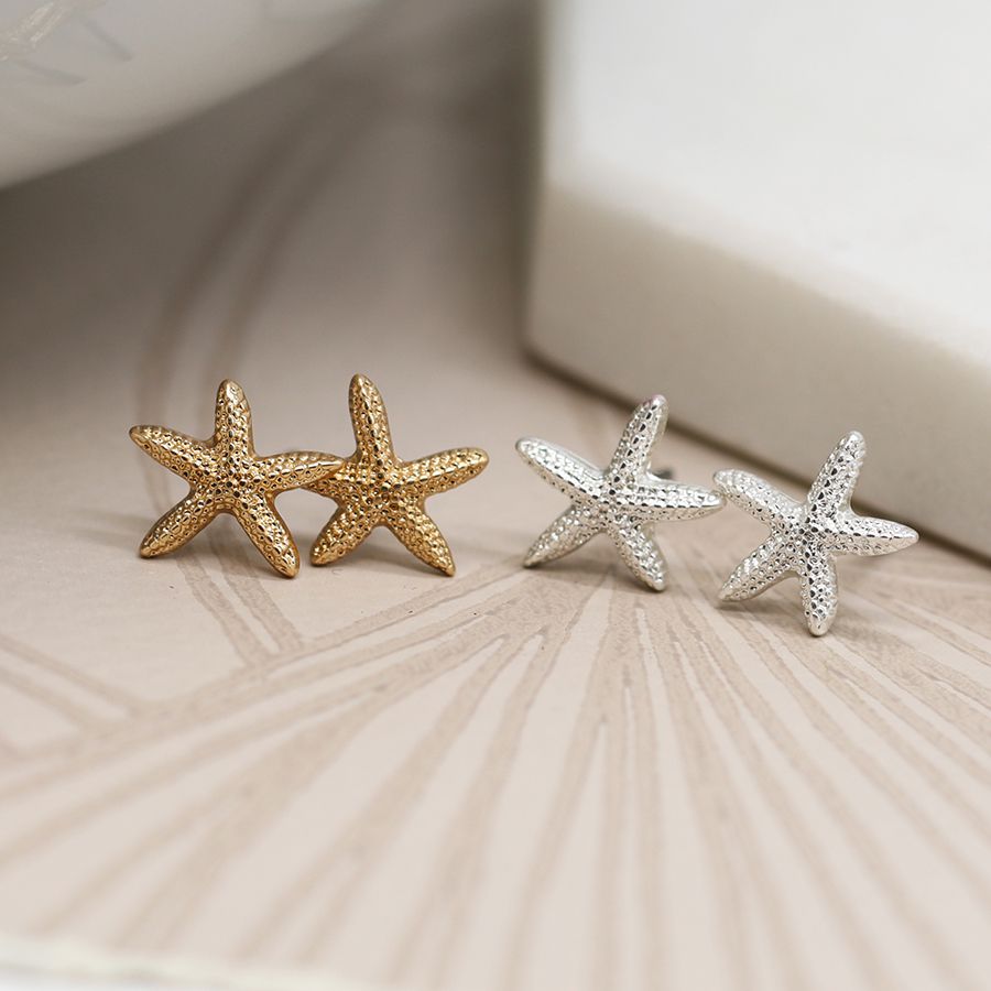 Silver plated and golden starfish stud earring duo