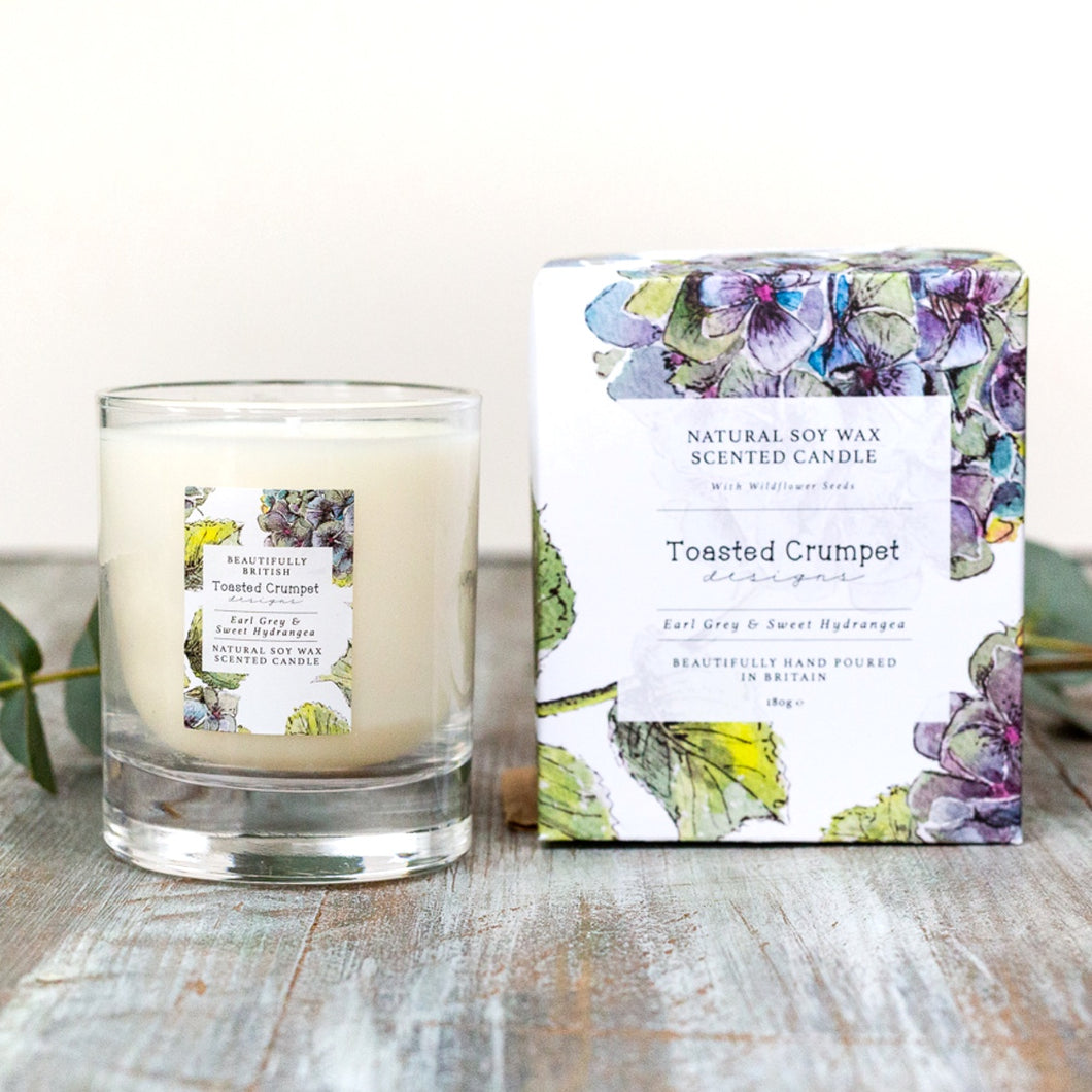 Earl Grey & Sweet Hydrangea Glass Candle