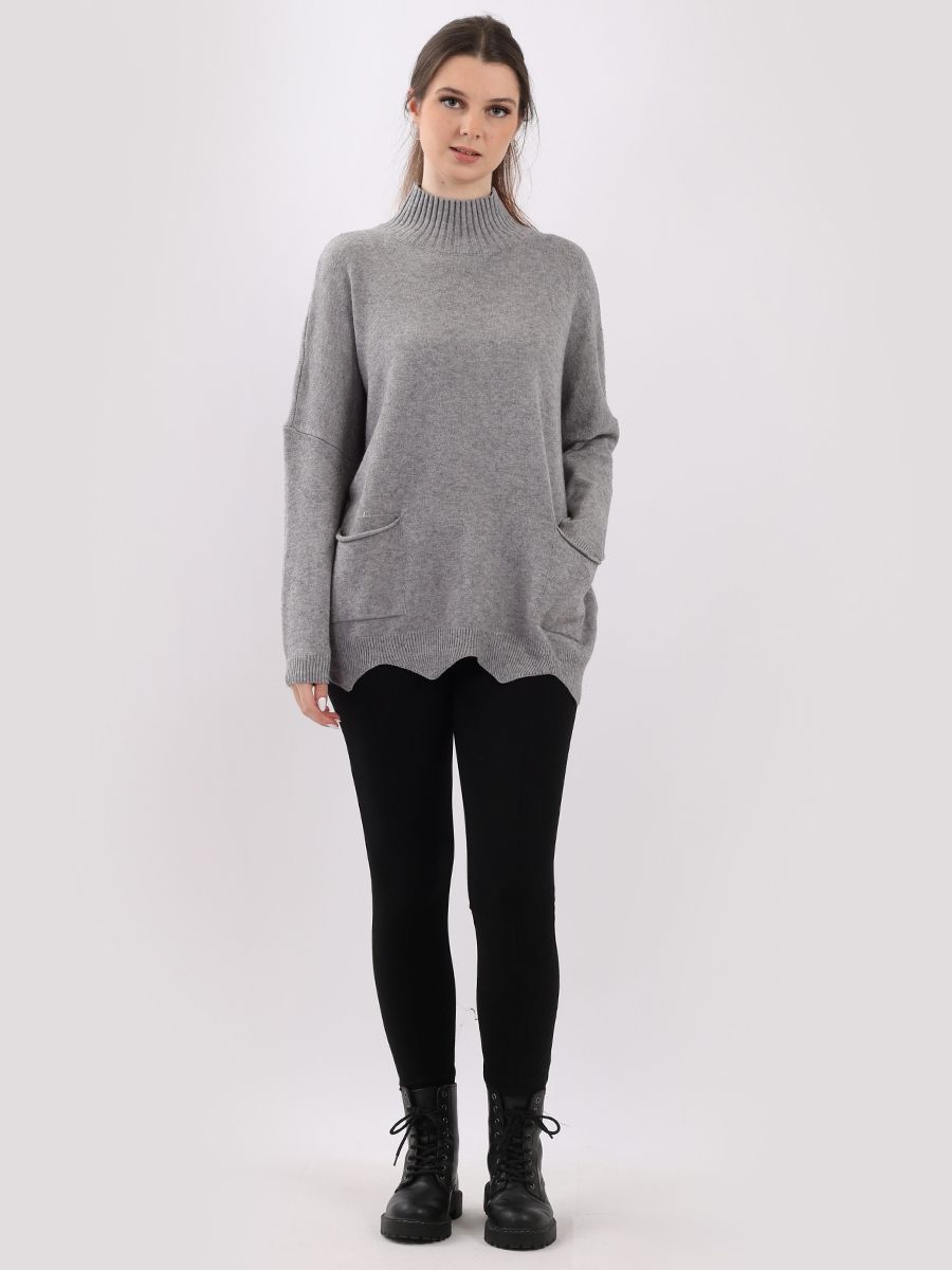 Plain Funnel Neck Cut Hem Knitted Baggy Top