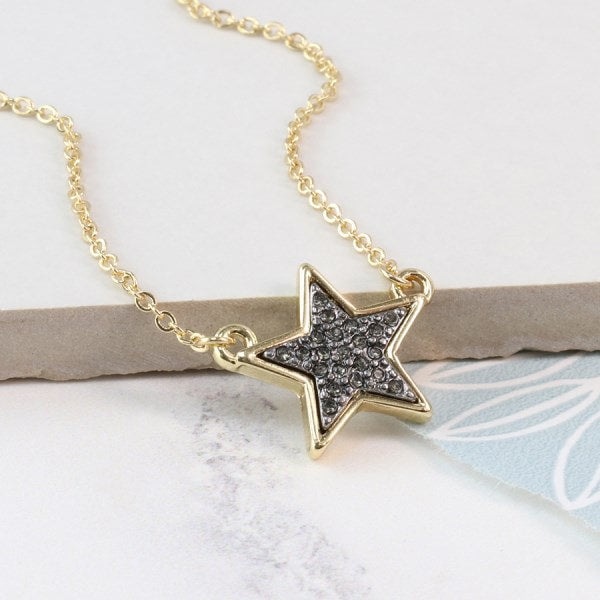 Golden Star Necklace With Black Sparkle Centre